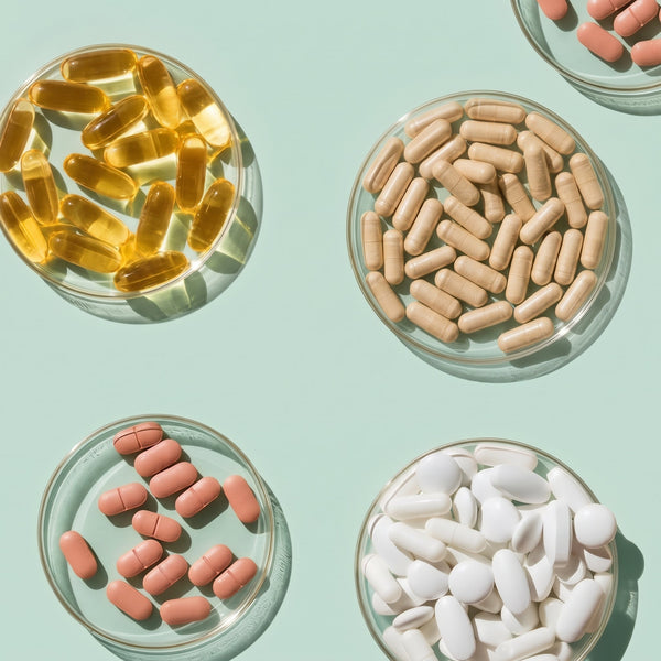 'Overhead view of four clear glass dishes containing different dietary supplement capsules and tablets.'