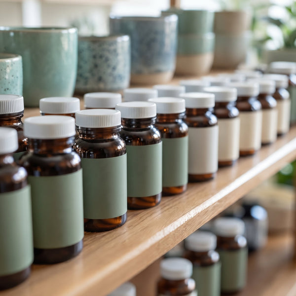Rows of amber supplement bottles with blank sage green and cream labels on a wooden shelf, with ceramic jars and plants in the background.