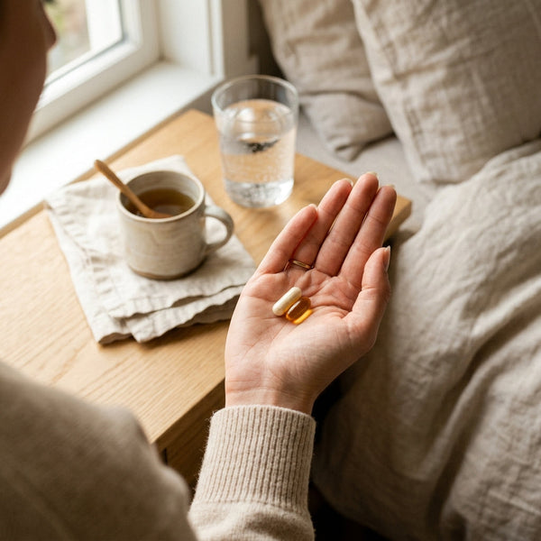 'Person holding monolaurin capsules beside a glass of water in a cozy wellness setting, illustrating daily monolaurin supplement use and dosage routine.'