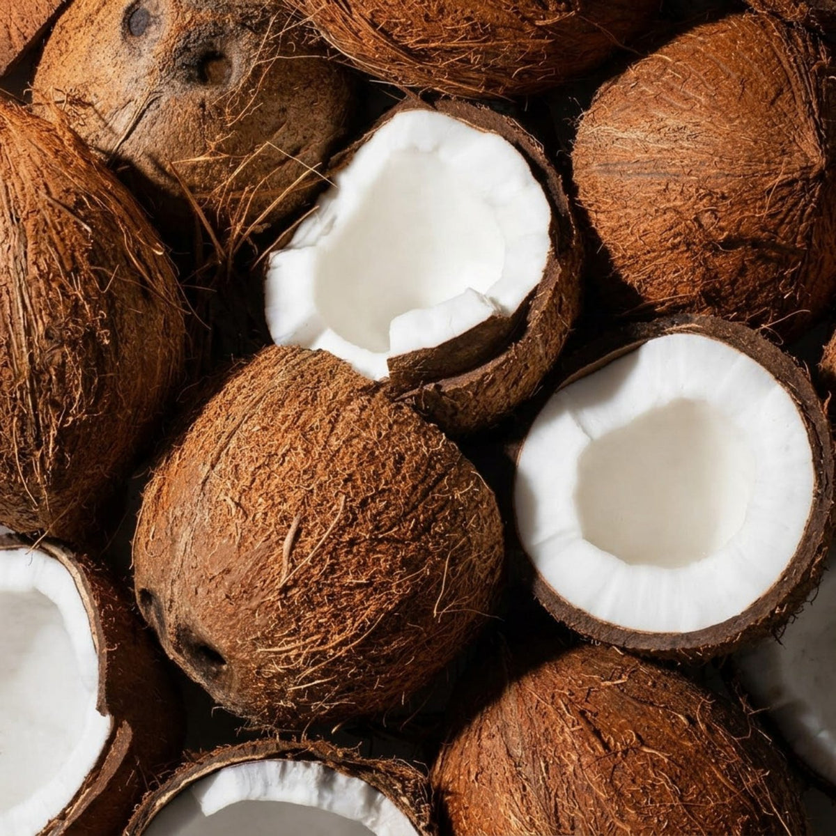Coconuts with some halves showing white flesh against a neutral background
