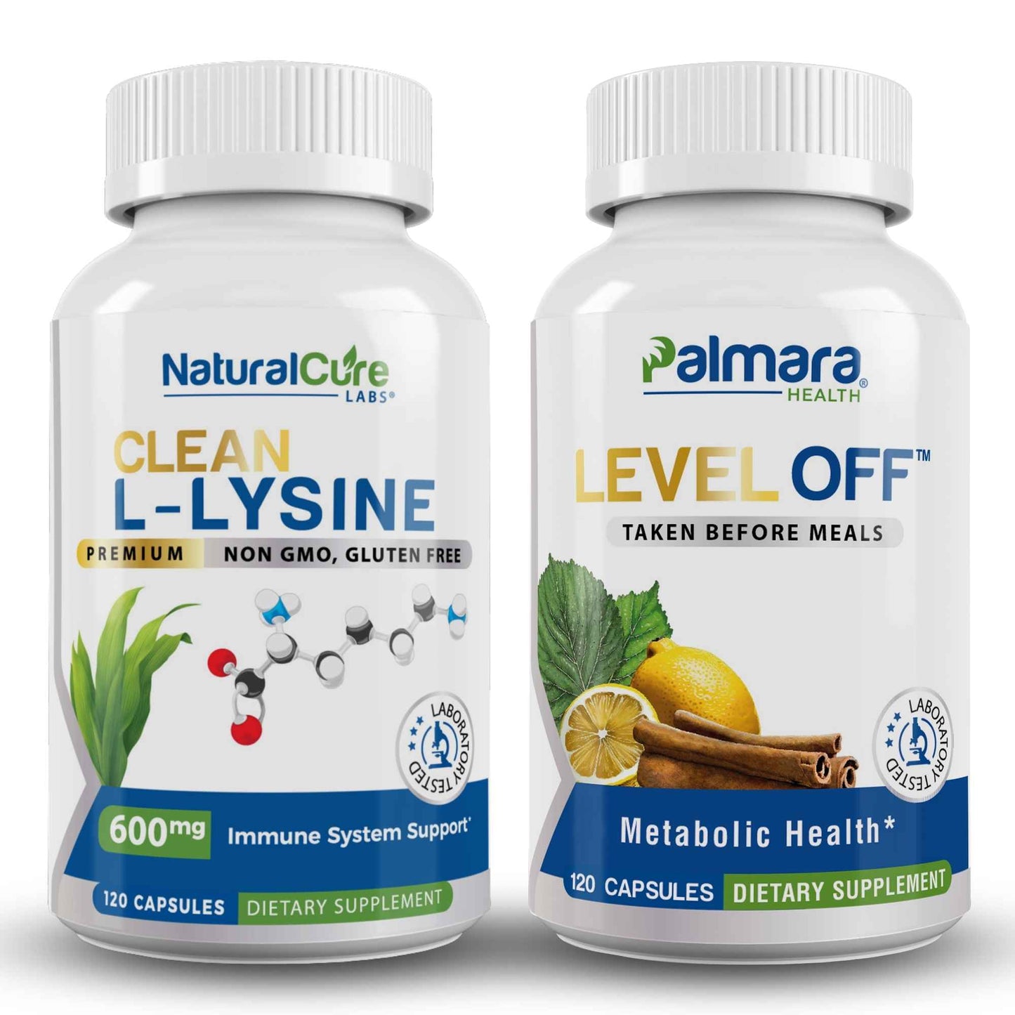 Clean L-Lysine 600 mg and Level Off Glucose Support supplement bottles — immune system and metabolic health bundle