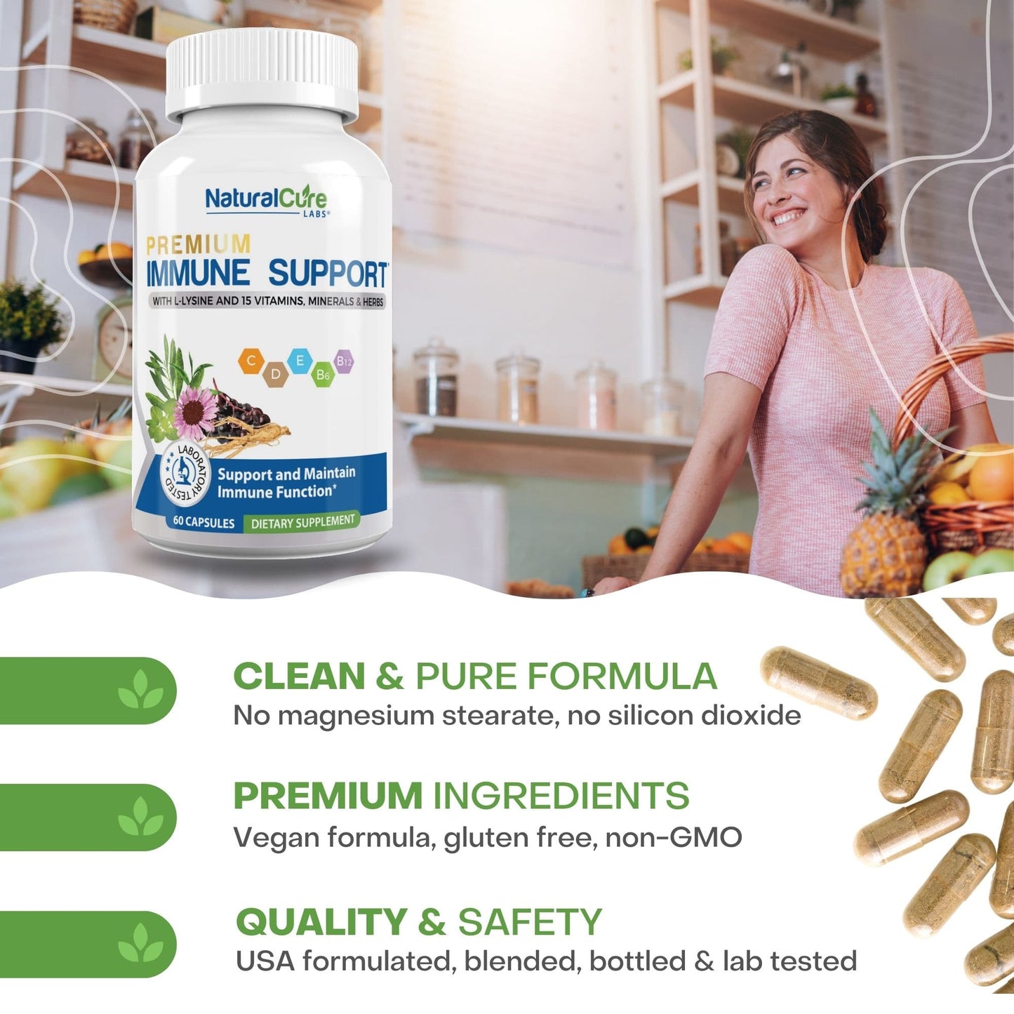 
                  
                    A happy individual in a kitchen, with Natural Cure Labs Immune Support supplement on the counter, signifying the integration of immune support into daily wellness practices.
                  
                