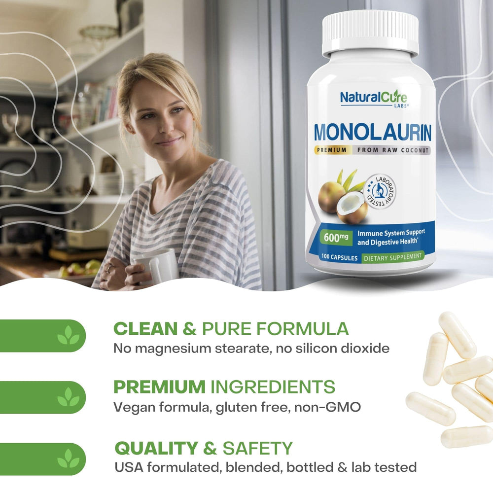 
                  
                    A woman in a kitchen setting, representing a daily routine supported by Natural Cure Labs Monolaurin supplement, emphasizing the clean and pure formula for maximum monolaurin benefits.
                  
                