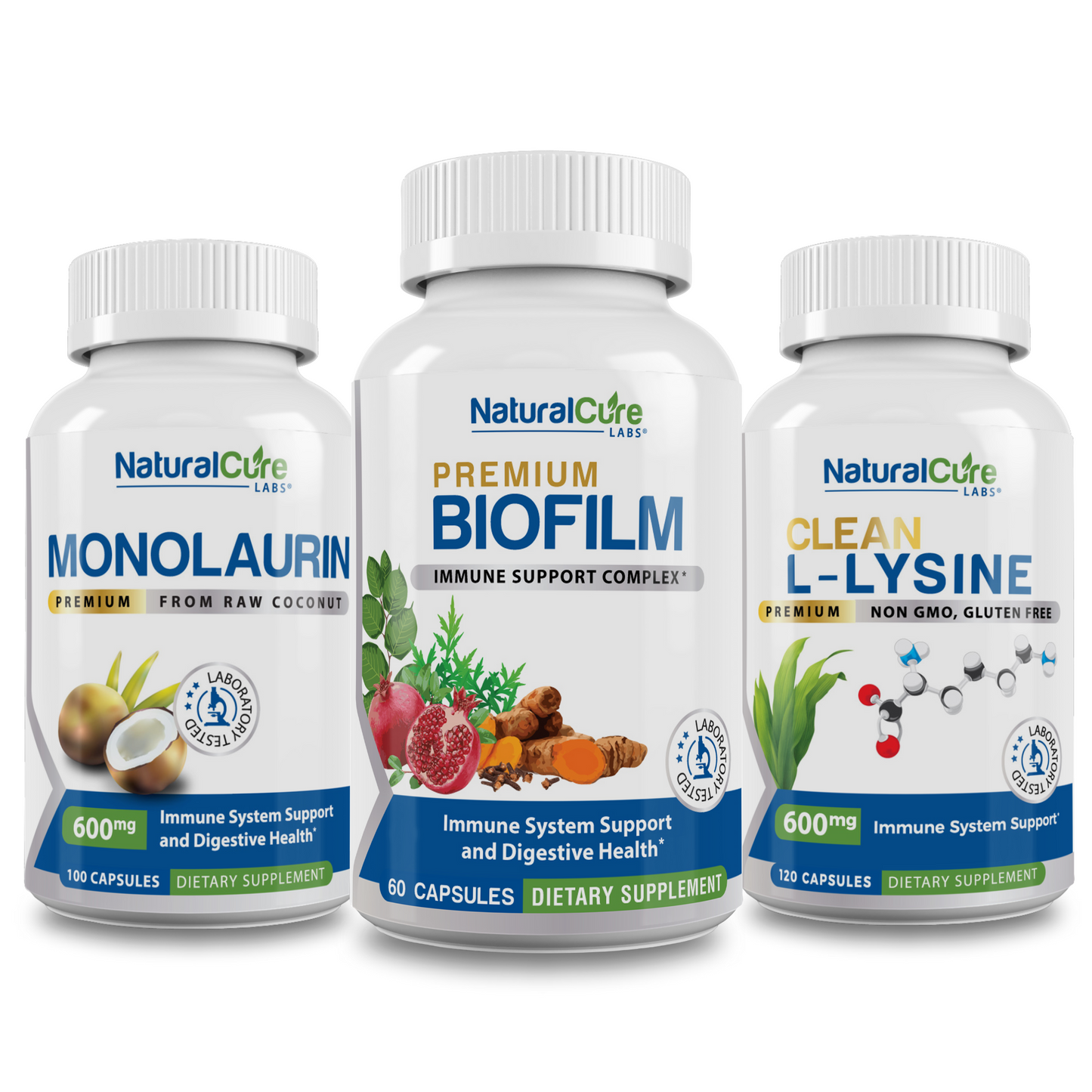 Natural Cure Monolaurin, Premium Biofilm, and Clean L-Lysine supplement for immune and digestive health