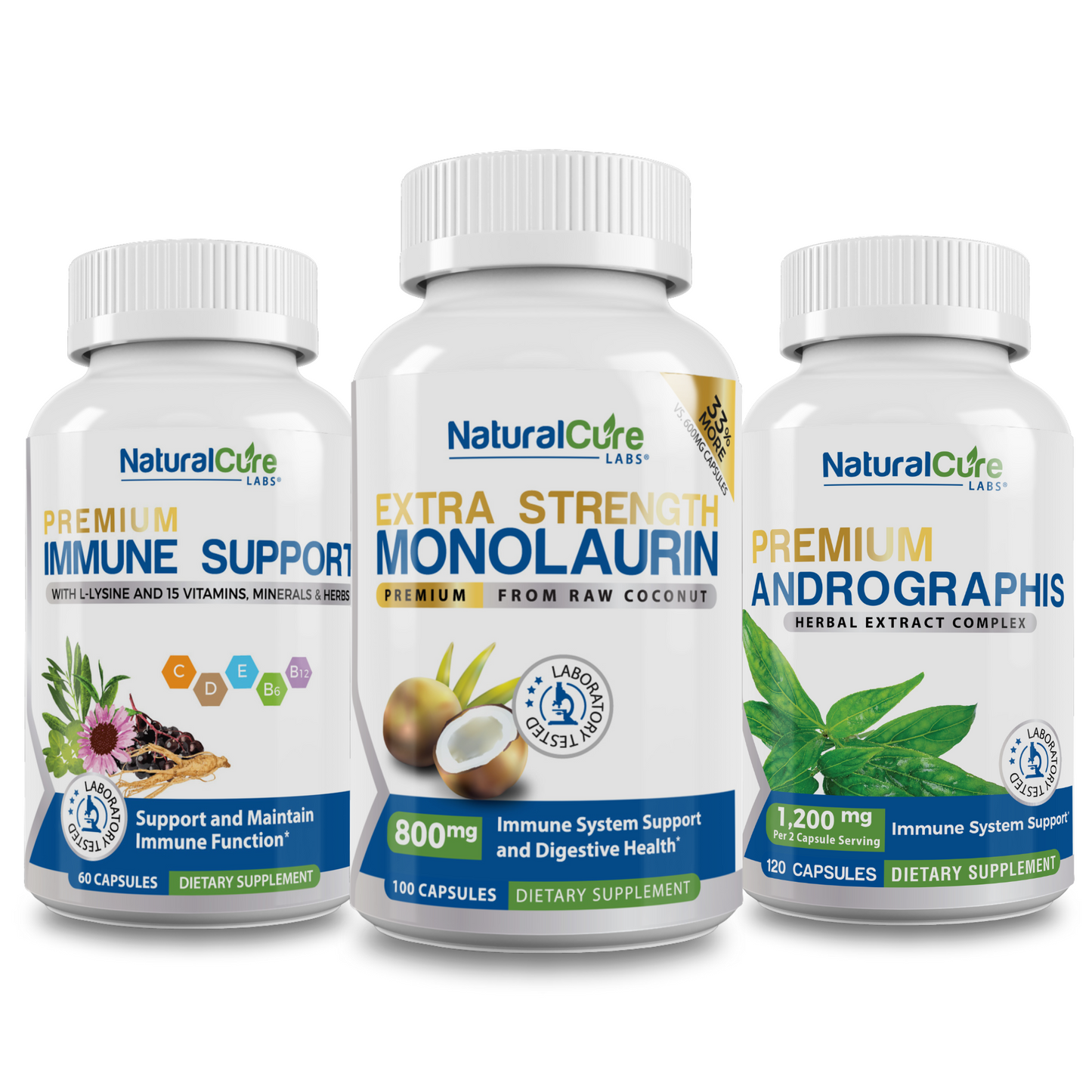 NaturalCure supplements, Premium Immune Support, Extra Strength Monolaurin, and Premium Andrographs For Immune System Support.