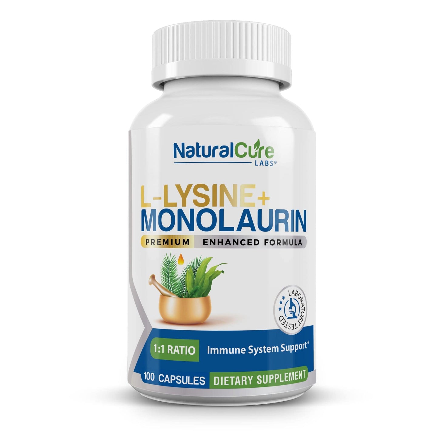 Natural Cure Labs L-Lysine + Monolaurin dietary supplement for Immune Support.