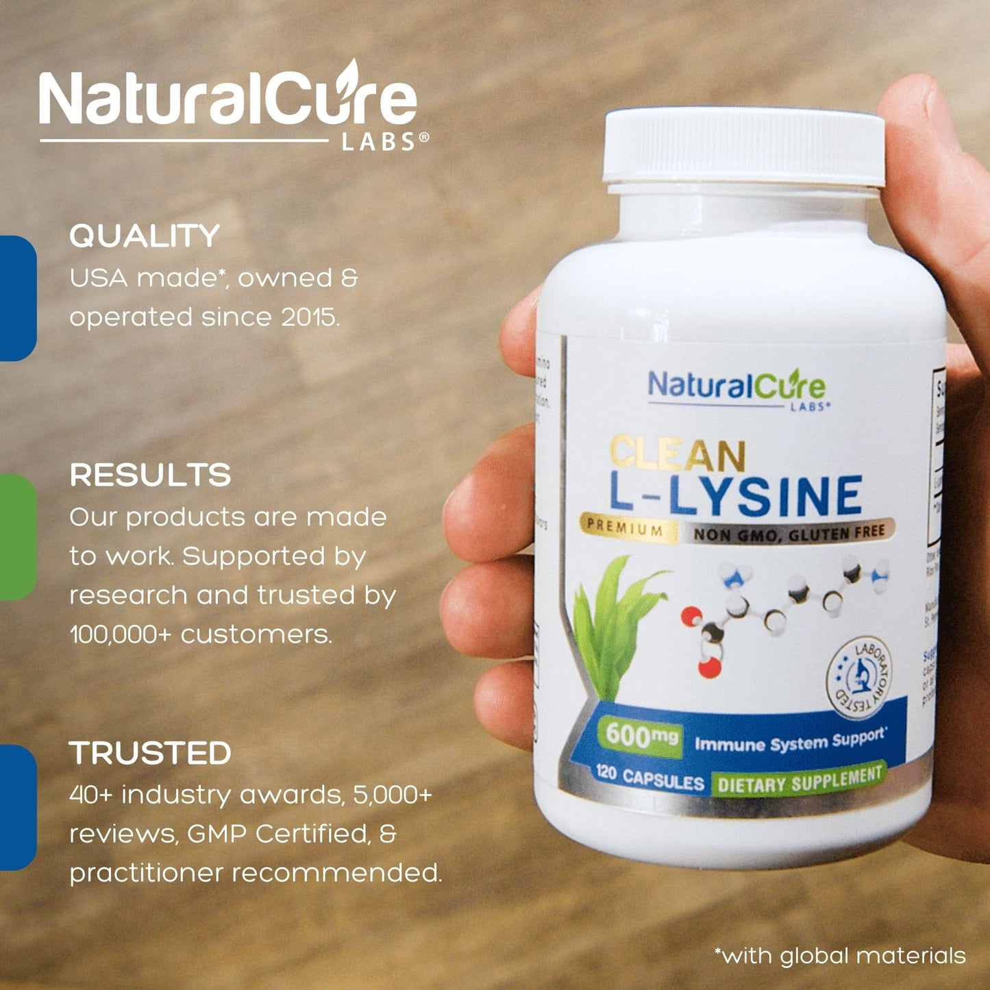 Clean L-Lysine 600 mg supplement bottle — USA made, GMP certified, trusted by 100,000+ customers