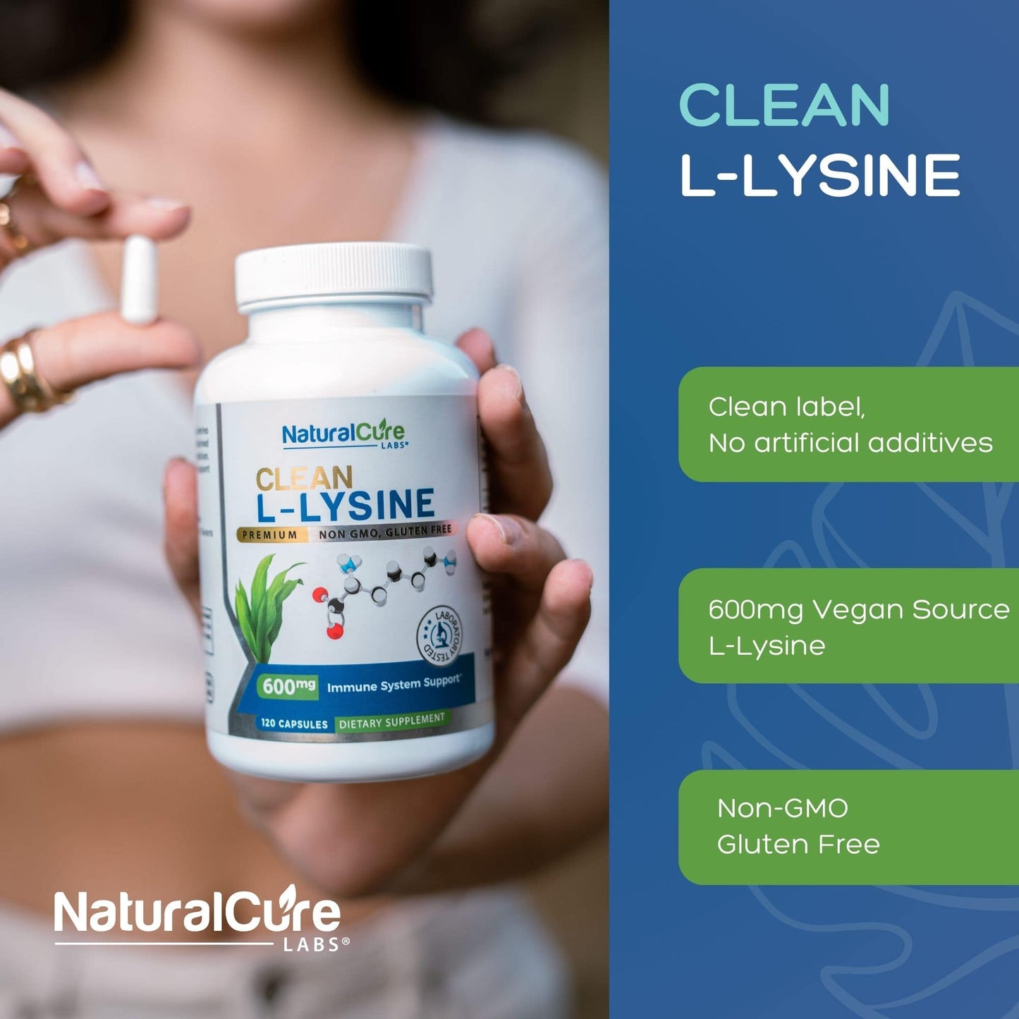 Clean L-Lysine 600 mg supplement bottle — vegan, non-GMO, gluten-free immune support capsules
