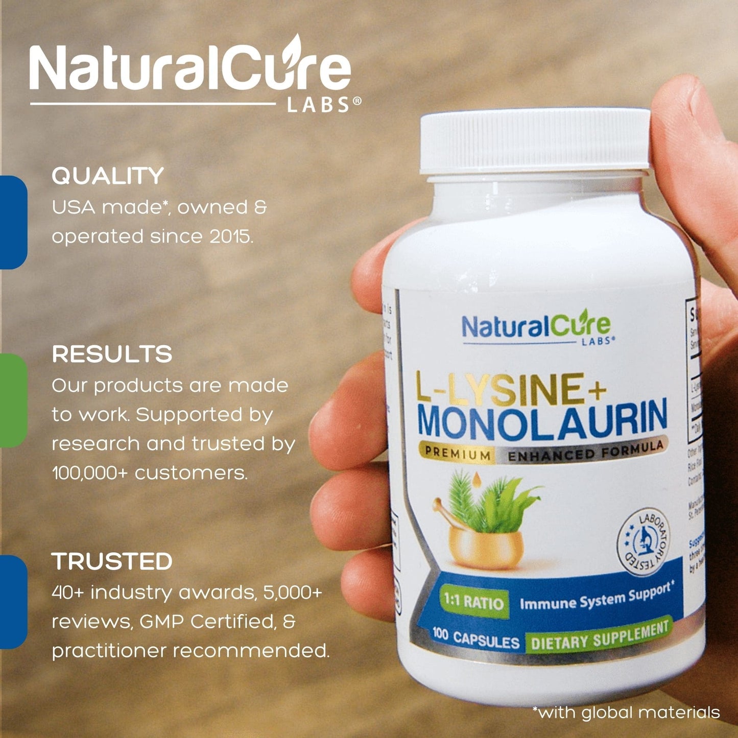 Natural Cure Labs L-Lysine + Monolaurin supplement bottle — immune support formula.