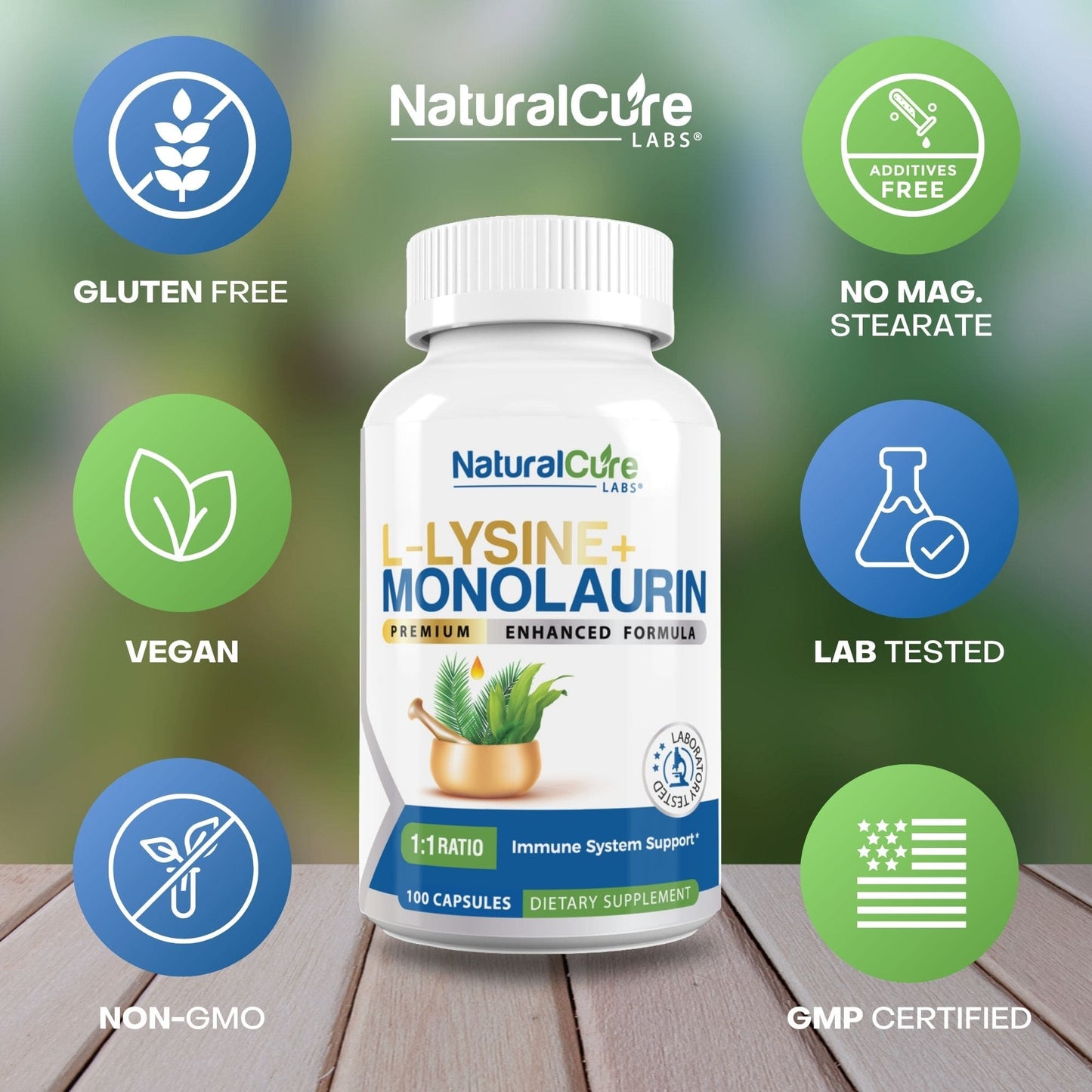 
                  
                    Close-up of NaturalCure Labs L-Lysine + Monolaurin supplement bottle, emphasizing the health benefits of monolaurin coupled with L-Lysine, certified gluten-free, vegan, and non-GMO for consumer safety.
                  
                