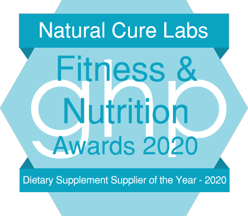 Logo of the Fitness & Nutrition Awards 2020, stating 'Dietary Supplement Supplier of the Year - 2020' on a hexagonal plaque with a turquoise and white color scheme.