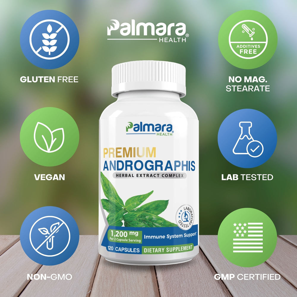 
                  
                    Informative display of Palmara Health's Andrographis supplement's key attributes, focusing on its gluten-free, vegan, non-GMO, and lab-tested characteristics.
                  
                