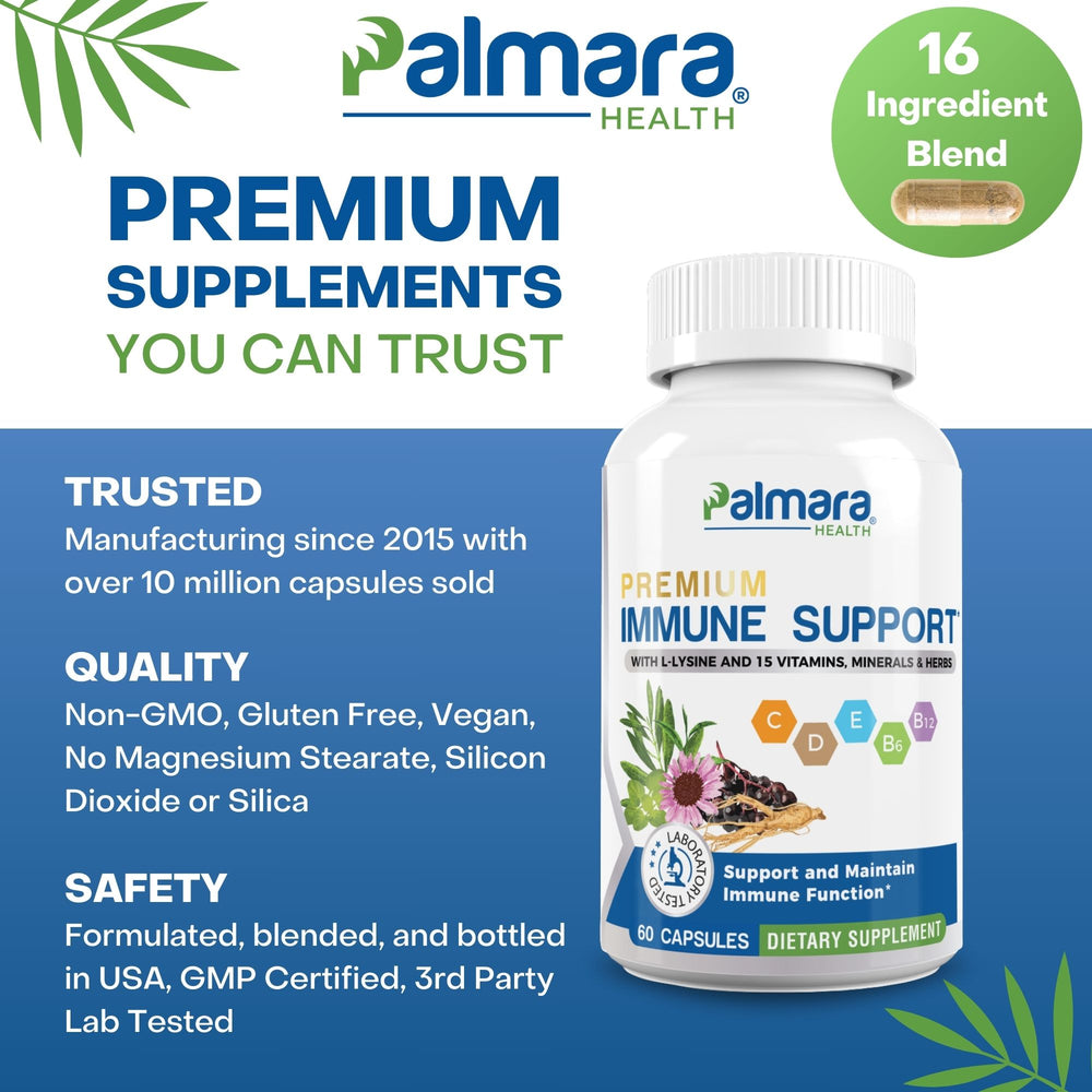 
                  
                    A bottle of Palmara Health's Premium Immune Support, showcasing a meticulously crafted 16-ingredient blend aimed at fortifying immune function. This supplement, containing vitamins C, D, E, B6, B12, selenium, and a premium immune blend including L-Lysine, is designed to support overall health and wellness.
                  
                