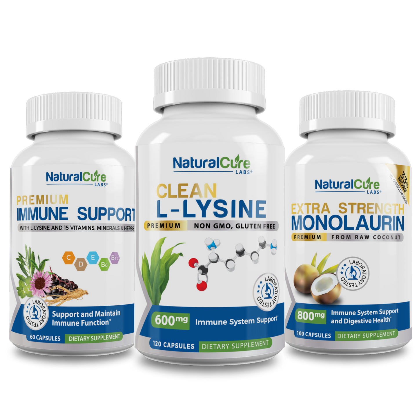 NaturalCure Supplements, including Premium Immune Support, Clean L-Lysine, and Extra Strength Monolaurin.