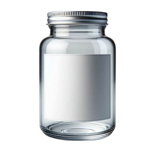 Clear glass jar with a blank label, ideal for packaging an anti-spike supplement. Represents a versatile container for products focused on glucose regulation and reducing post-meal blood sugar spikes.
