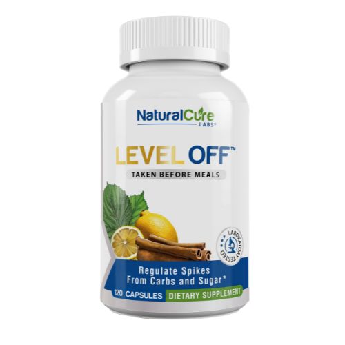 Bottle of an anti-spike supplement designed to regulate glucose spikes from carbs and sugar, featuring natural ingredients like cinnamon, white mulberry leaf, and citrus bioflavonoids to support balanced blood sugar and metabolic health.