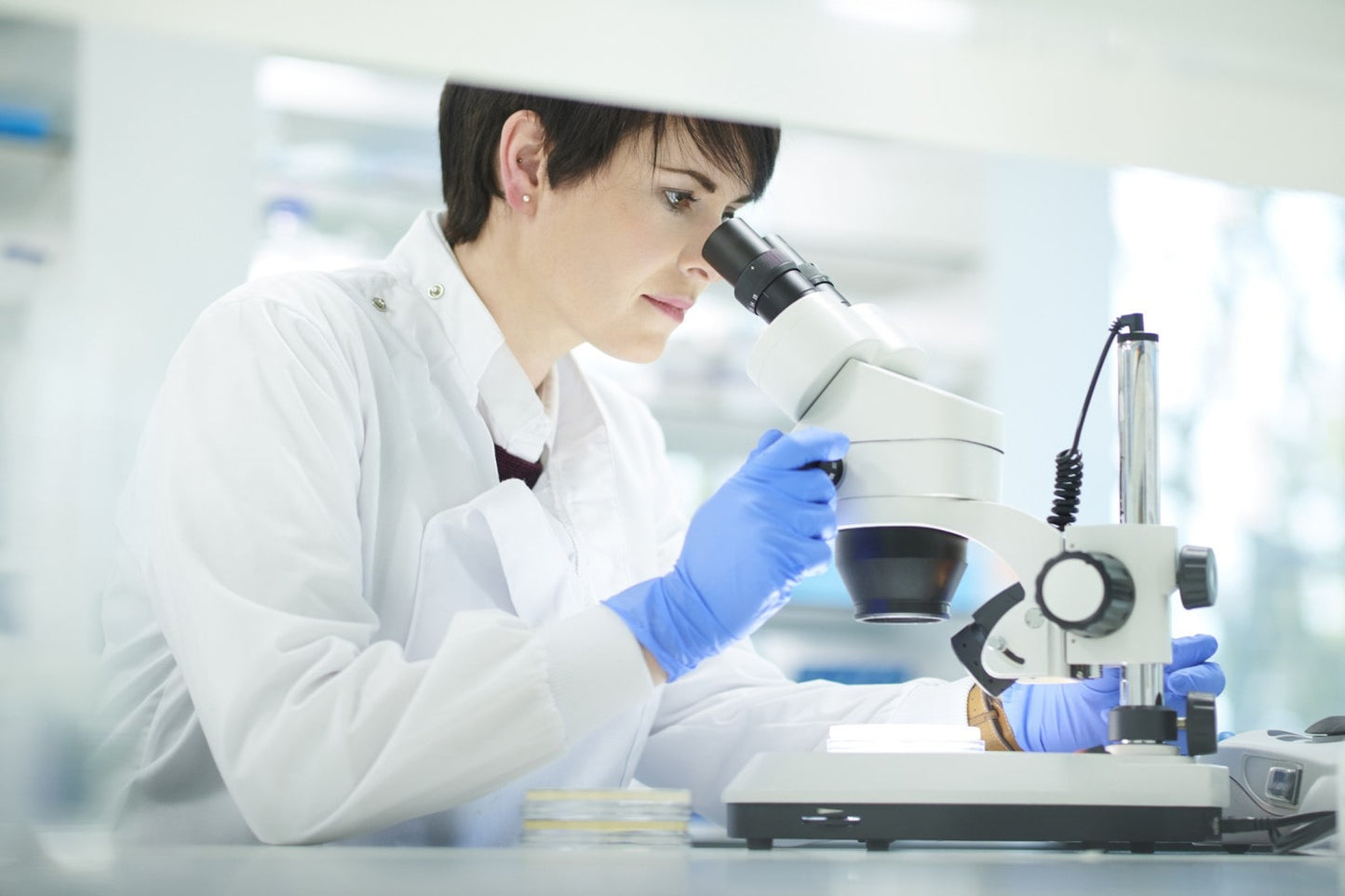 A woman in a white lab coat and protective gloves using a microscope in a laboratory setting, symbolizing scientific research, medical examination, or laboratory analysis.