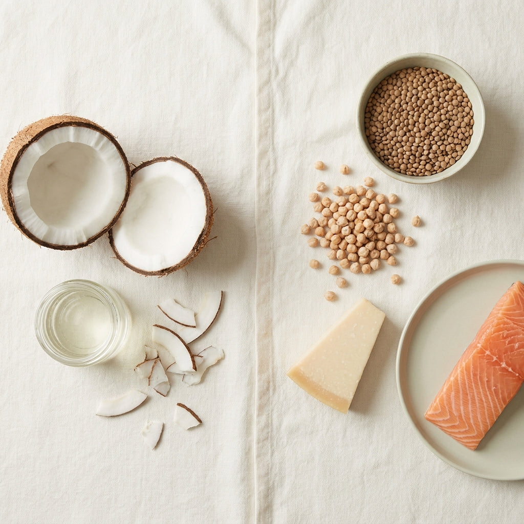 'Coconut and lysine-rich foods arranged on a light linen background, featuring fresh coconut, coconut oil, chickpeas, lentils, Parmesan cheese, and salmon.'