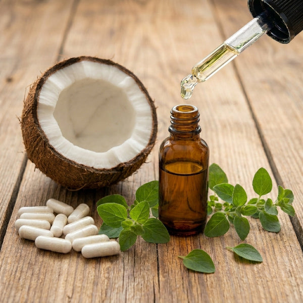 'Monolaurin capsules with oregano extract and coconut on a rustic wooden surface, representing natural wellness and immune support'