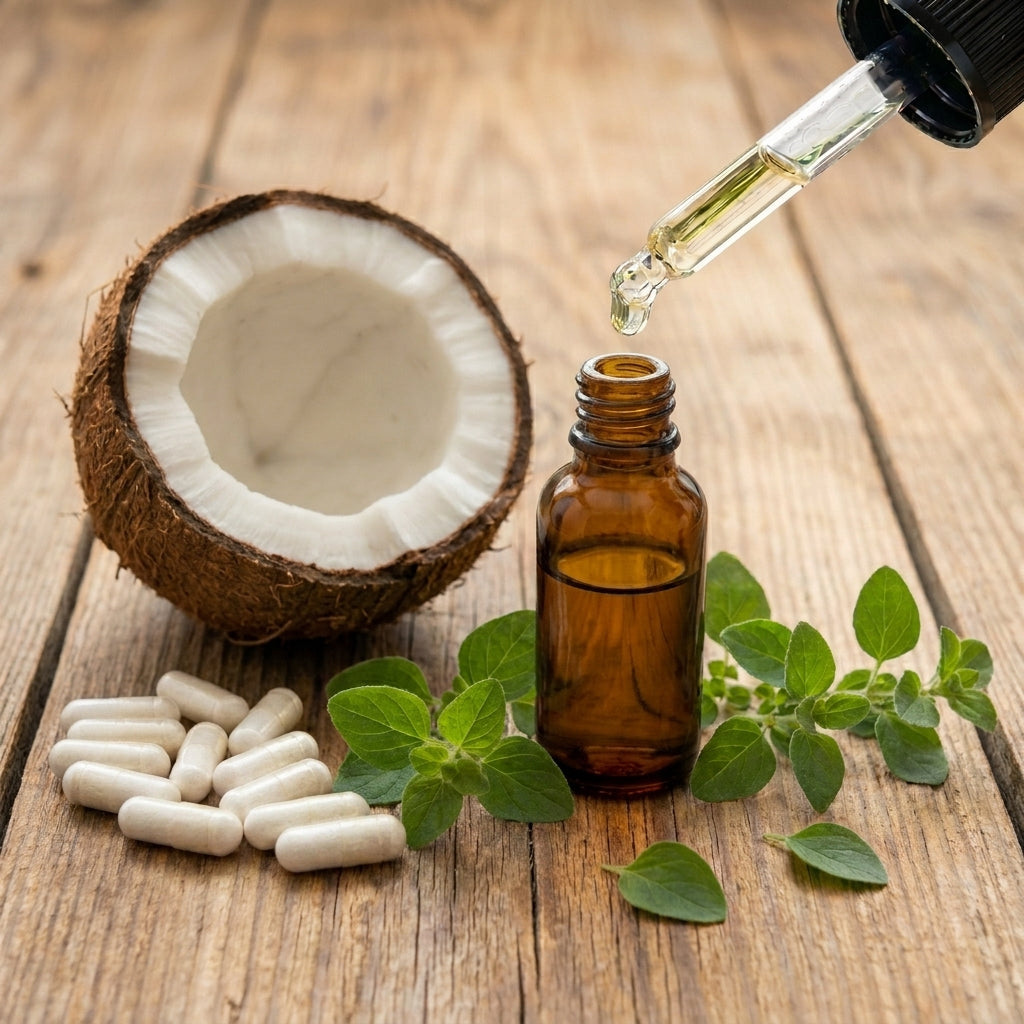 'Monolaurin capsules with oregano extract and coconut on a rustic wooden surface, representing natural wellness and immune support'