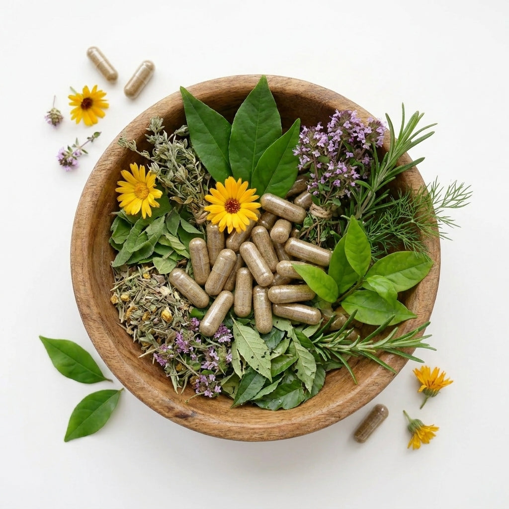 'Wooden bowl filled with herbal capsules surrounded by fresh loquat leaves, mulberry leaves, and assorted medicinal herbs and flowers on a clean white background'