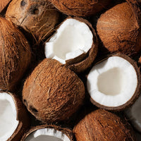 'Whole and opened coconuts displaying fresh coconut flesh, the natural source of monolaurin used in dietary supplements.'