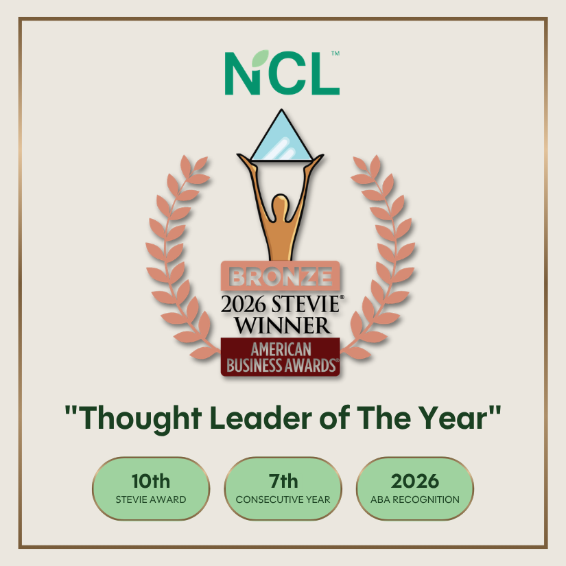 'NCL graphic showing a Bronze Stevie Award win for “Thought Leader of the Year 2026,” with laurel wreath and milestone badges.'