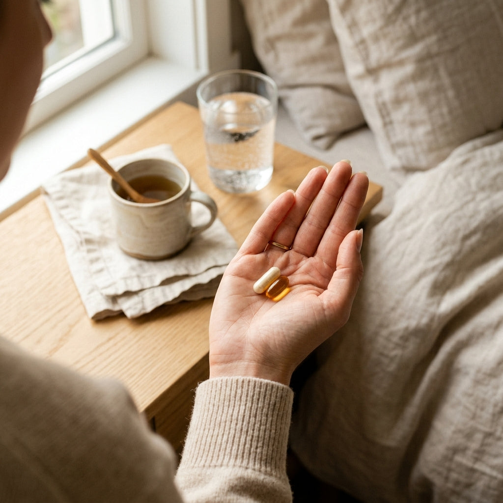 'Person holding monolaurin capsules beside a glass of water in a cozy wellness setting, illustrating daily monolaurin supplement use and dosage routine.'