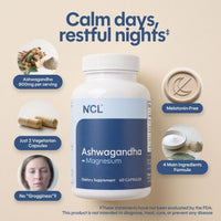 NCL Ashwagandha Magnesium dietary supplement bottle on a beige background with feature callouts for Ashwagandha, Melatonin-Free, and other benefits.