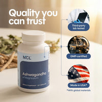 A bottle of NCL Ashwagandha Magnesium dietary supplement capsules on a light tabletop, with marketing text and three circular callouts reading 'Third-party lab tested,' 'GMP-certified,' and 'Made in USA.'.