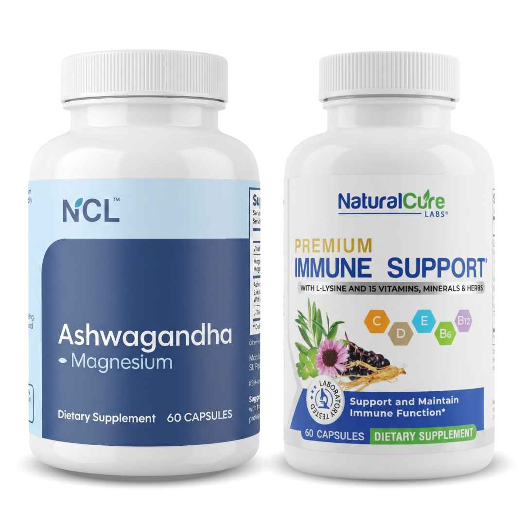 Two NCL supplement bottles side by side: Ashwagandha with Magnesium, 60 capsules, and Premium Immune Support with L-Lysine and 15 vitamins, minerals and herbs, 60 capsules.