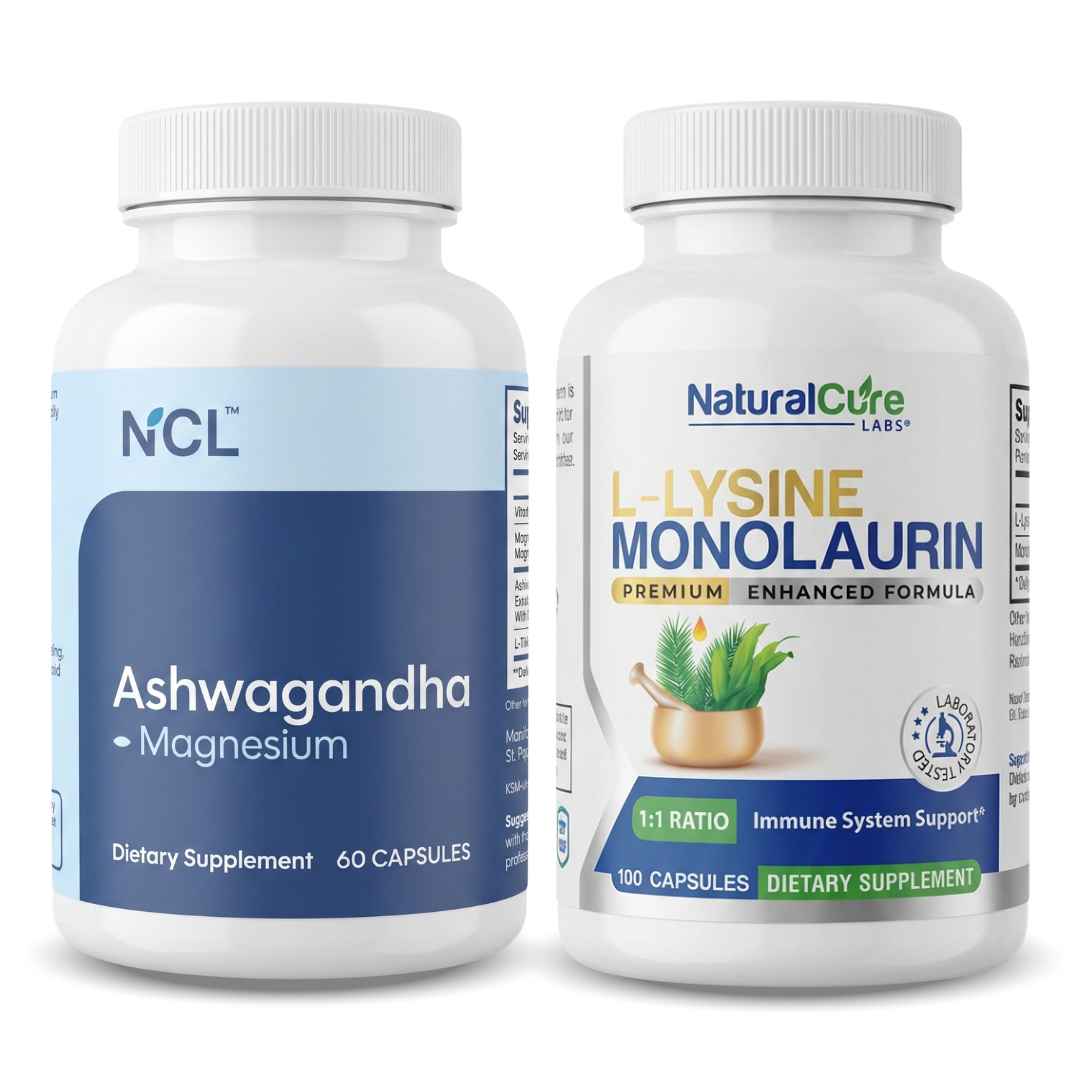 Two NCL supplement bottles side by side: Ashwagandha with Magnesium, 60 capsules, and L-Lysine with Monolaurin in a 1:1 ratio, 100 capsules.