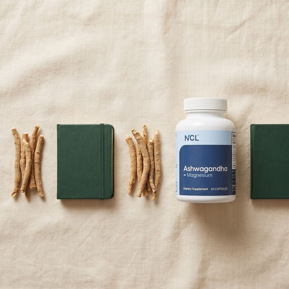 Premium KSM-66 Ashwagandha with Magnesium, with Ashwagandha roots and diaries.