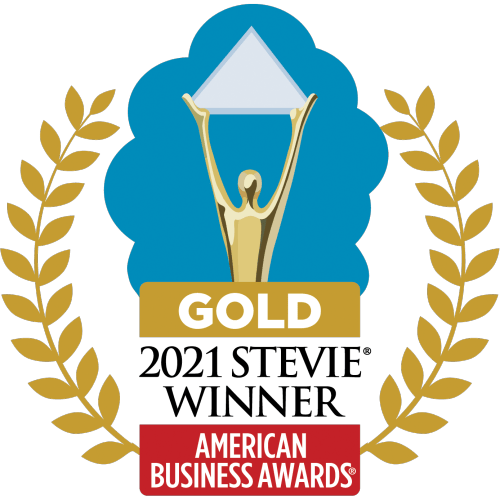 Gold Stevie Winner badge for the 2021 American Business Awards, featuring a figure holding a star within a gold laurel wreath, against a forest green background.