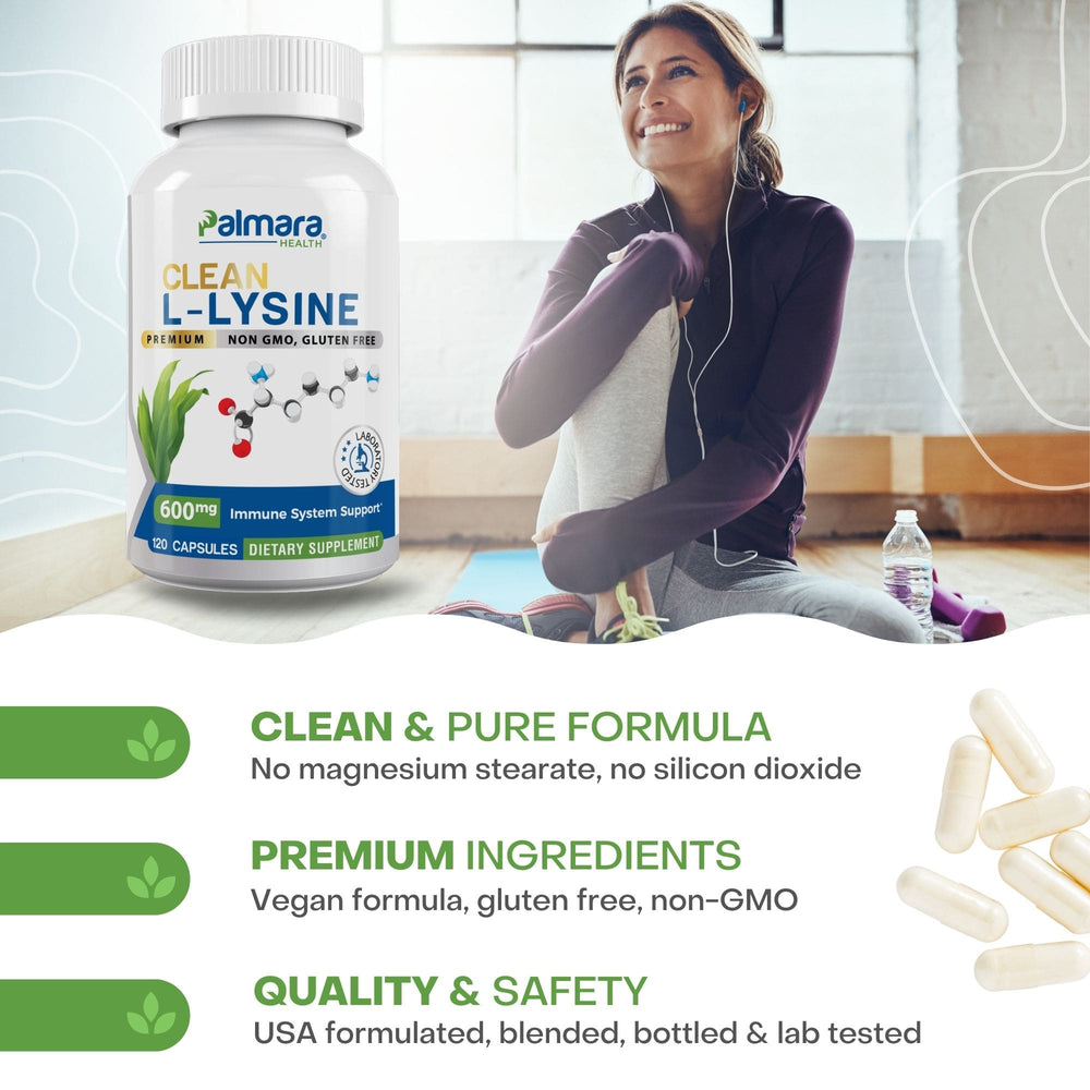 
                  
                     A woman smiling during her workout session with a bottle of Palmara Health L-Lysine, illustrating a healthy, active lifestyle supported by high-quality supplements.
                  
                
