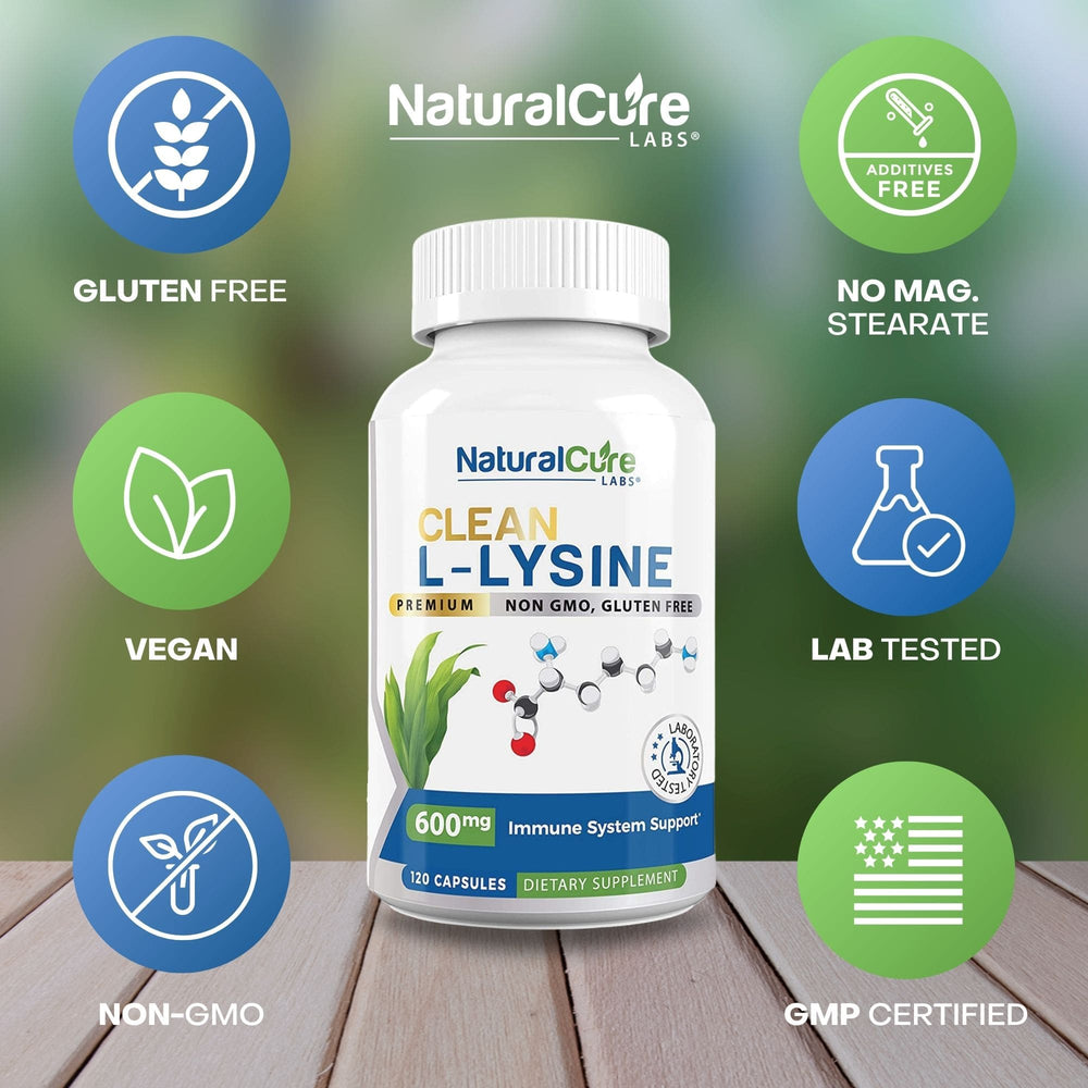 
                  
                    Image detailing the clean and pure formula of NaturalCure Labs' L-Lysine capsules, emphasizing their gluten-free, vegan, and no additives features.
                  
                