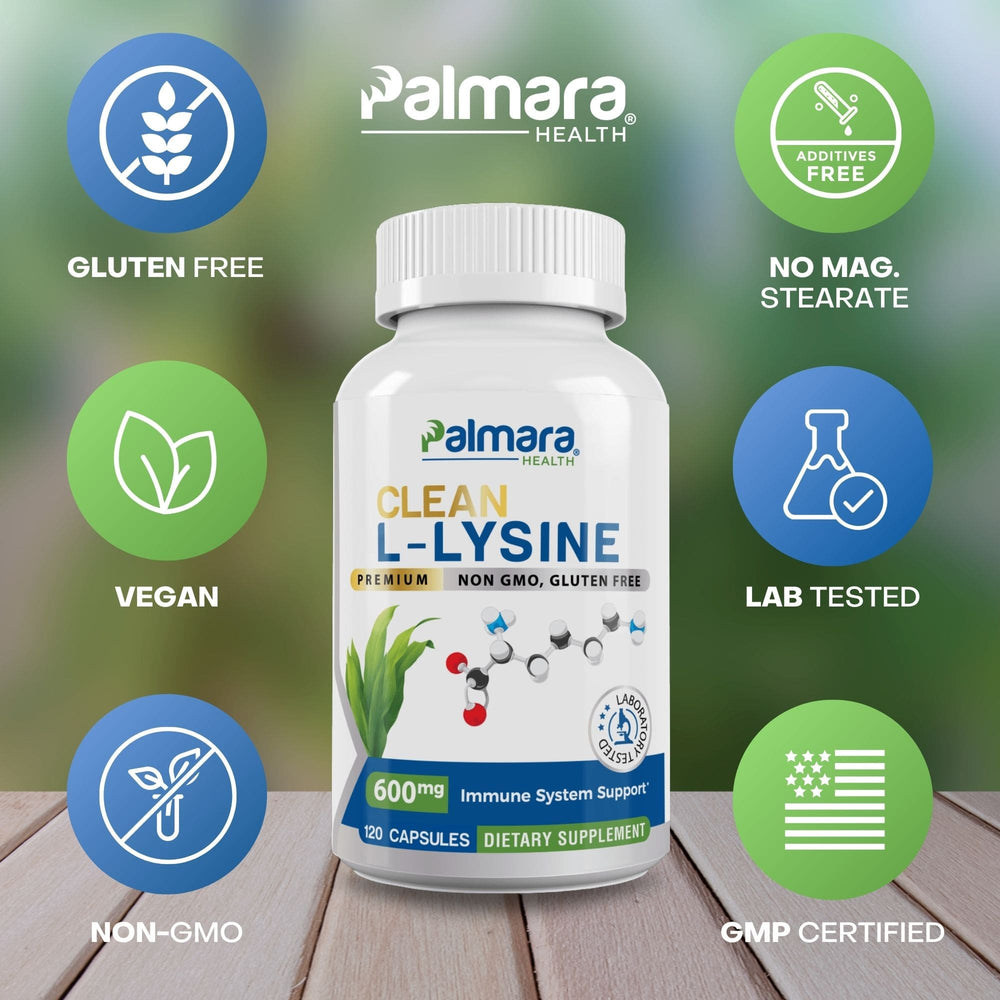 
                  
                    Image detailing the clean and pure formula of Palmara Health's L-Lysine capsules, emphasizing their gluten-free, vegan, and no additives features.
                  
                