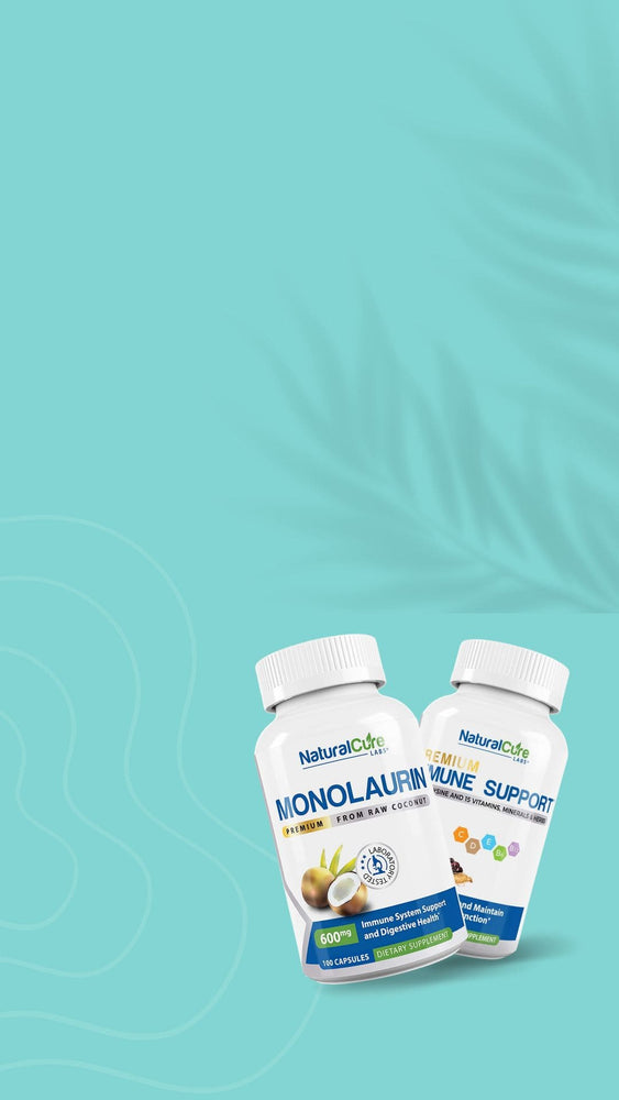 Two supplement bottles from Natural Cure Labs, one labeled 'Monolaurin' and the other 'Immune Support', set against a light turquoise background with abstract wave designs.