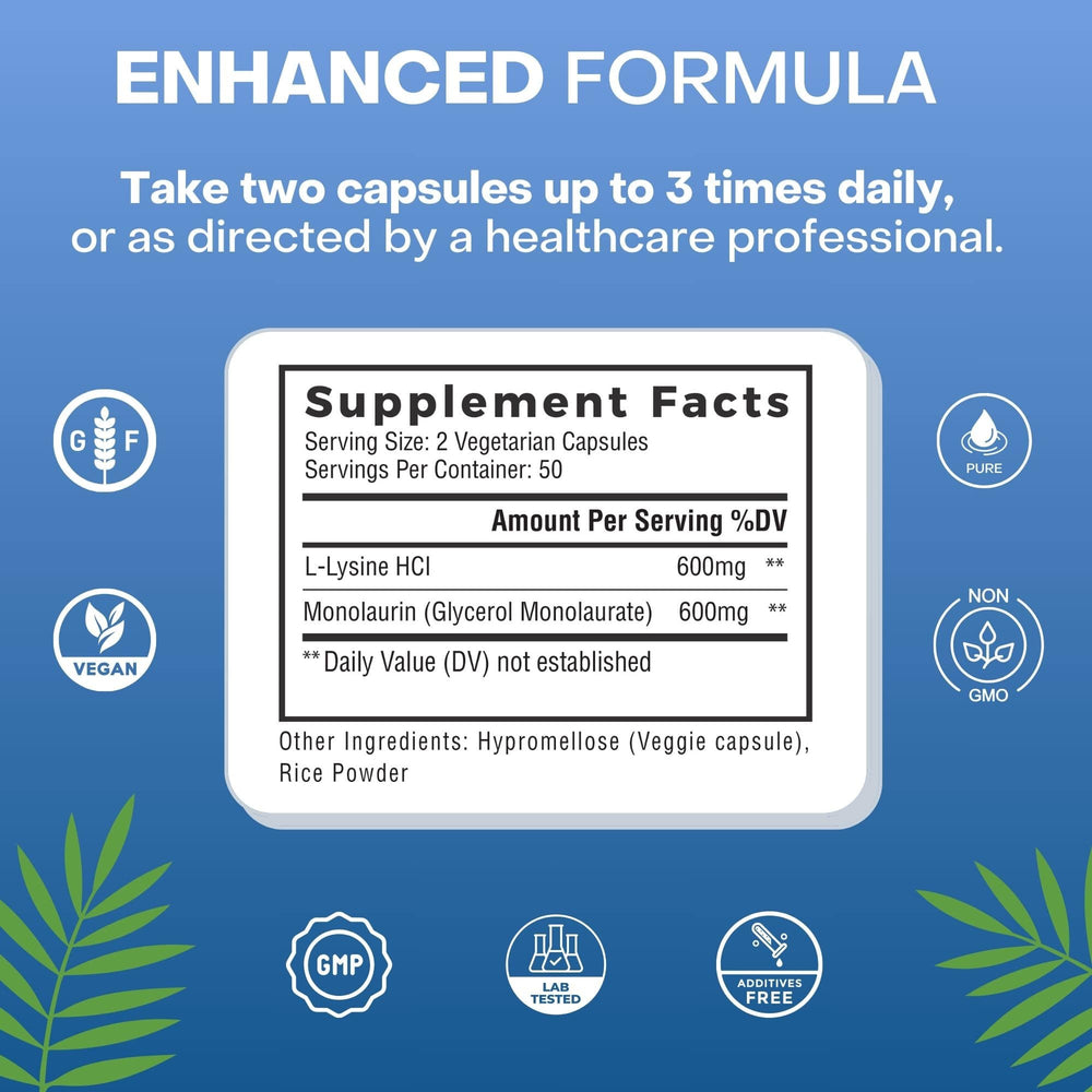 
                  
                    Detailed view of the supplement facts for Palmara Health L-Lysine + Monolaurin capsules, spotlighting the dual advantages of L-Lysine and monolaurin benefits in supporting the immune system.
                  
                