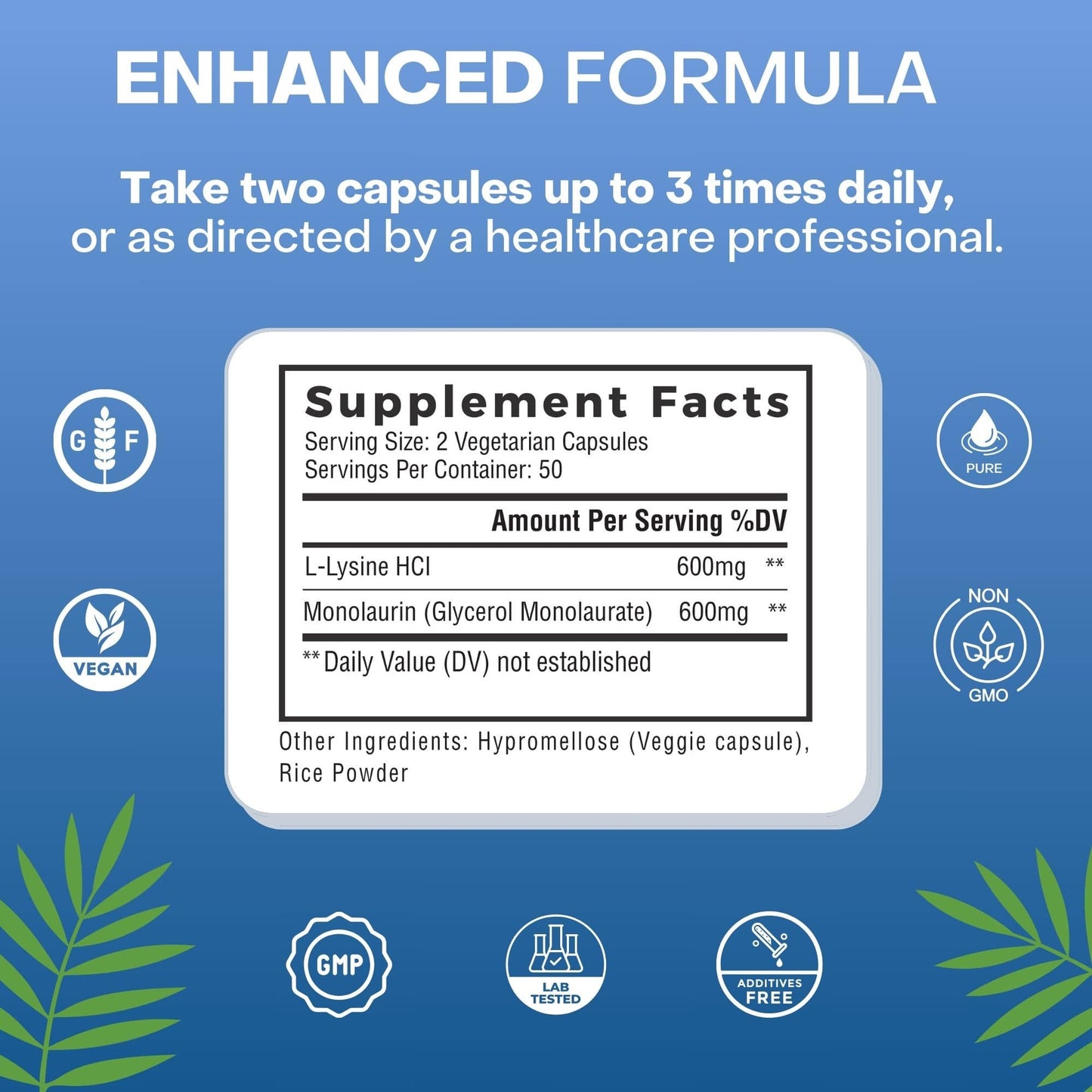 
                  
                    Detailed view of the supplement facts for NaturalCure Labs L-Lysine + Monolaurin capsules, spotlighting the dual advantages of L-Lysine and monolaurin benefits in supporting the immune system.
                  
                