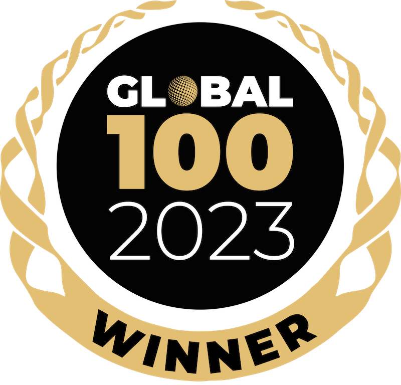 Badge for the Global 100 2023 Winner, featuring a globe encased within a golden laurel wreath and the words 'GLOBAL 100 2023 WINNER' displayed prominently.