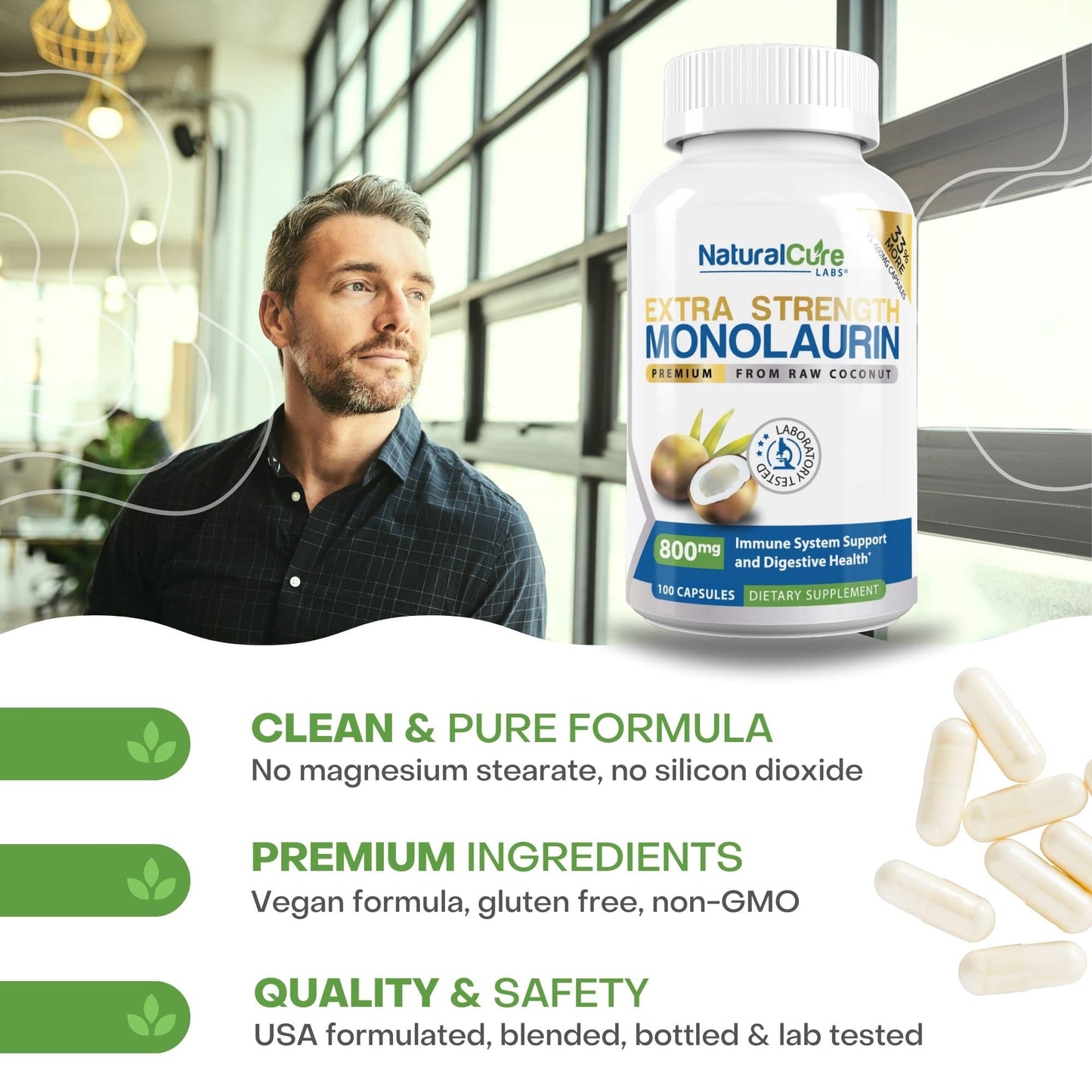 
                  
                    A man thoughtfully considering his health routine with Natural Cure Labs Monolaurin supplement in the background, embodying the daily health benefits of monolaurin.
                  
                