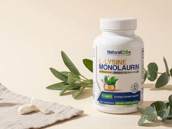 A bottle of NaturalCure Labs L-Lysine Monolaurin dietary supplement capsules, styled on a light beige surface with sage leaves and a textured cloth.