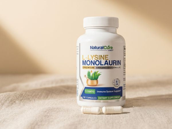 A white bottle of NaturalCure Labs L-Lysine Monolaurin dietary supplement capsules, with two capsules lying in front on a beige fabric surface against a warm beige background.