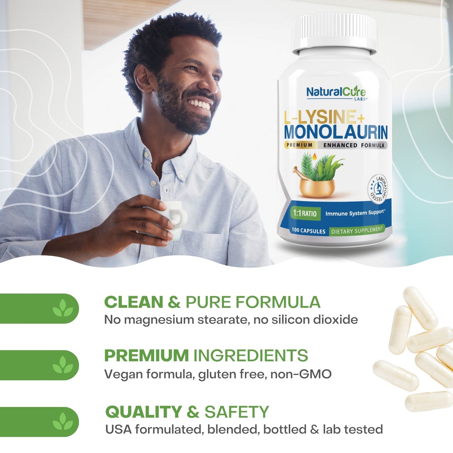 
                  
                    A content man enjoying a healthy lifestyle with a bottle of NaturalCure Labs L-Lysine + Monolaurin, emphasizing the monolaurin benefits for well-being along with a pure and clean supplement formula.
                  
                