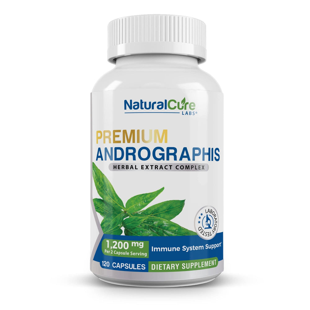 A bottle of Natural Cure Labs Premium Andrographis dietary supplement, highlighting the 1200 mg per serving dosage and its immune system support capabilities on the front label.