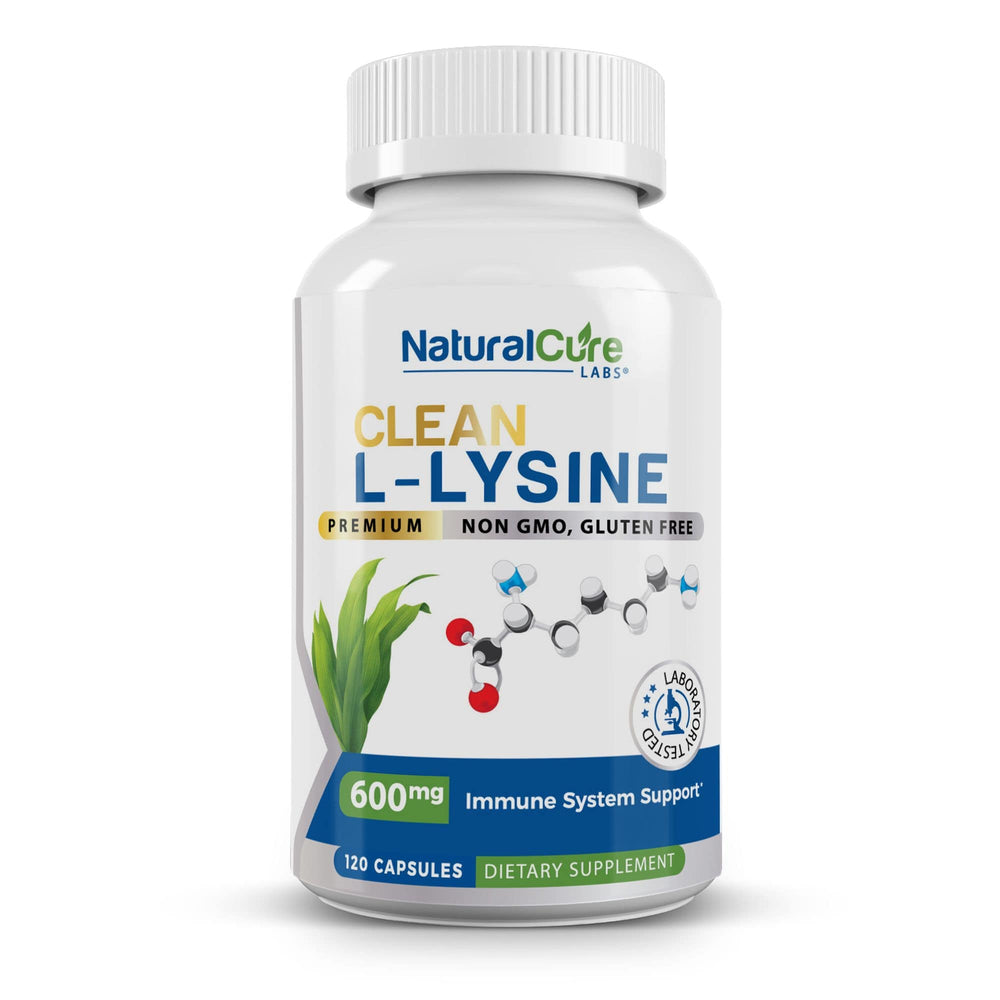 A close-up image of a NaturalCure Labs Clean L-Lysine bottle, showing the front label with 600mg dosage, key benefits for immune support, and 120 capsules count, emphasizing the product's premium, non-GMO, and gluten-free attributes.