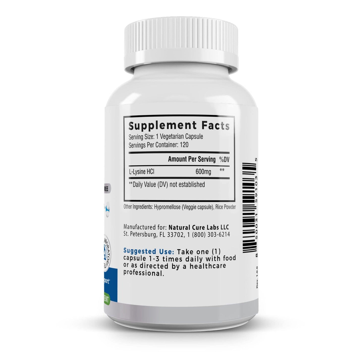 The right side label of a NaturalCure Labs Clean L-Lysine bottle, displaying the supplement facts including serving size, L-Lysine HCI amount, suggested use, and a note on vegetarian ingredients, with contact information for the St. Petersburg, FL manufacturer.