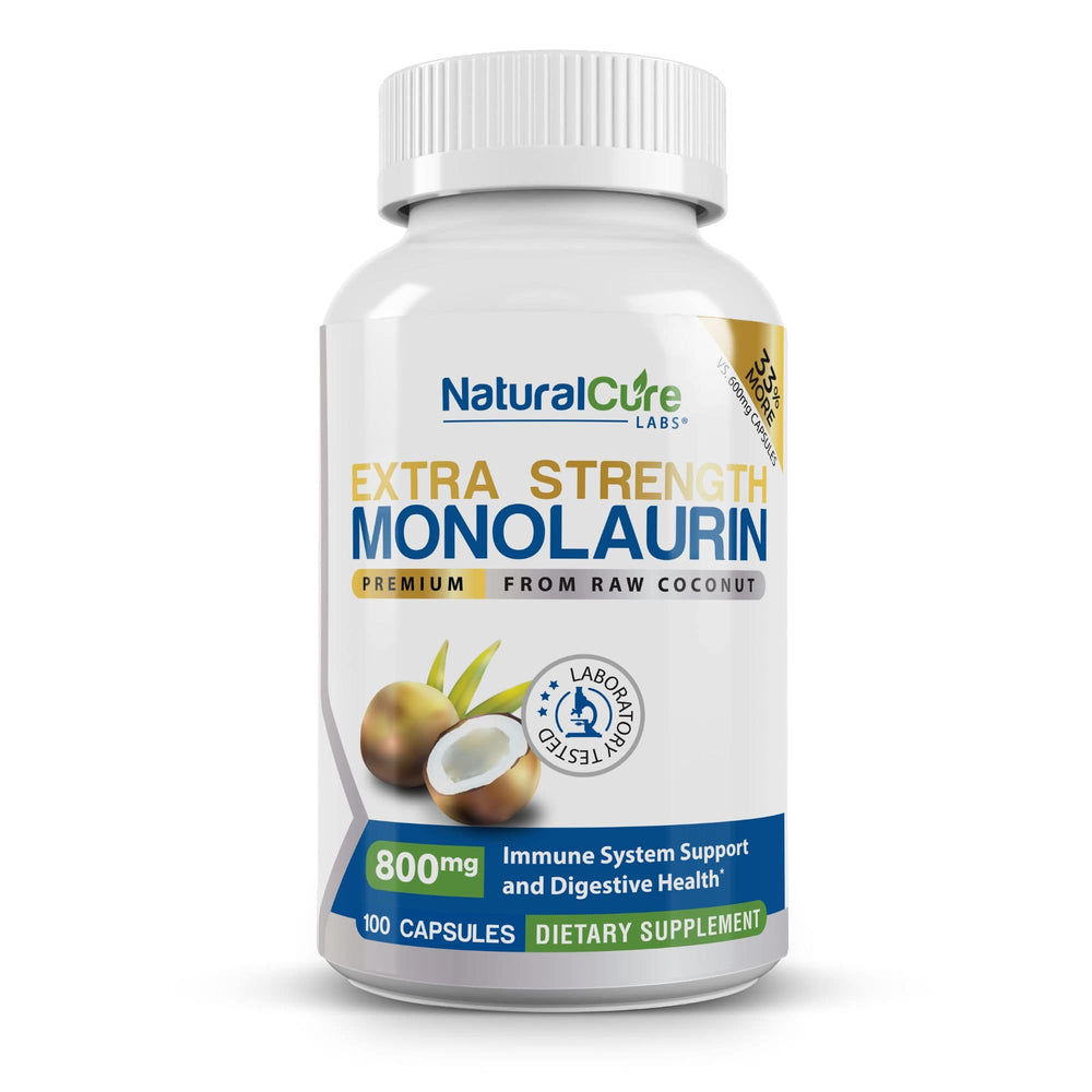 A bottle of Natural Cure Labs Extra Strength Monolaurin dietary supplement, 800mg per capsule, with 100 capsules per bottle. The label indicates the product is derived from raw coconut and supports immune system and digestive health