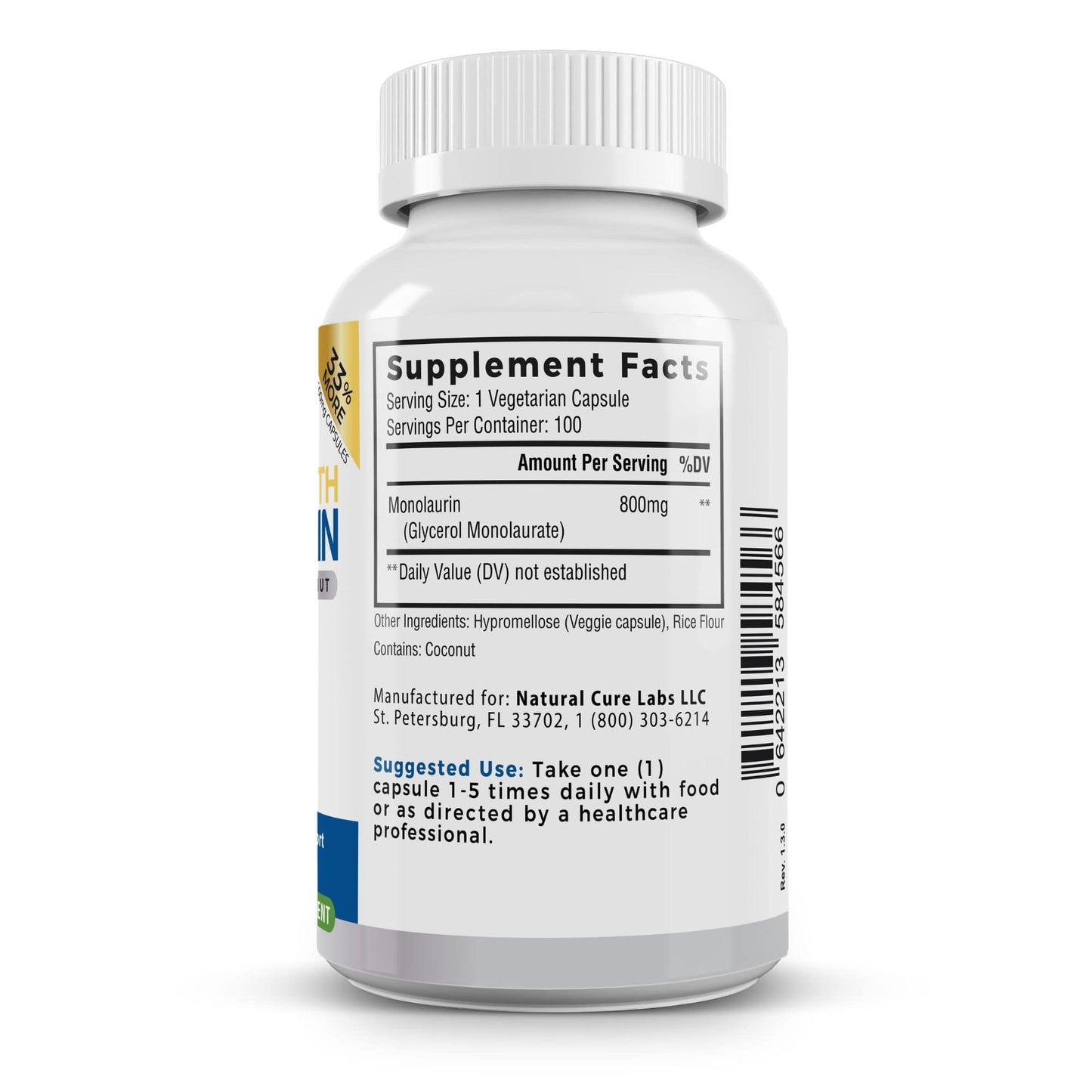 Right side of the Natural Cure Labs Extra Strength Monolaurin bottle showing supplement facts, including a serving size of one vegetarian capsule and the ingredients, with 800mg of Monolaurin per serving.